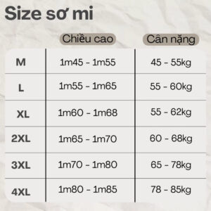 Size áo sơ mi dài tay basic